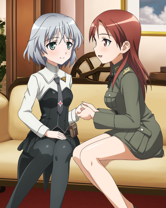2girls black_legwear blush breasts closed_mouth couch eyebrows_visible_through_hair green_eyes holding_hands indoors large_breasts long_hair looking_at_another military military_uniform miniskirt minna-dietlinde_wilcke multiple_girls official_art open_mouth pantyhose red_eyes sanya_v_litvyak shiny shiny_hair short_hair sitting skirt small_breasts strike_witches uniform white_hair world_witches_series yuri