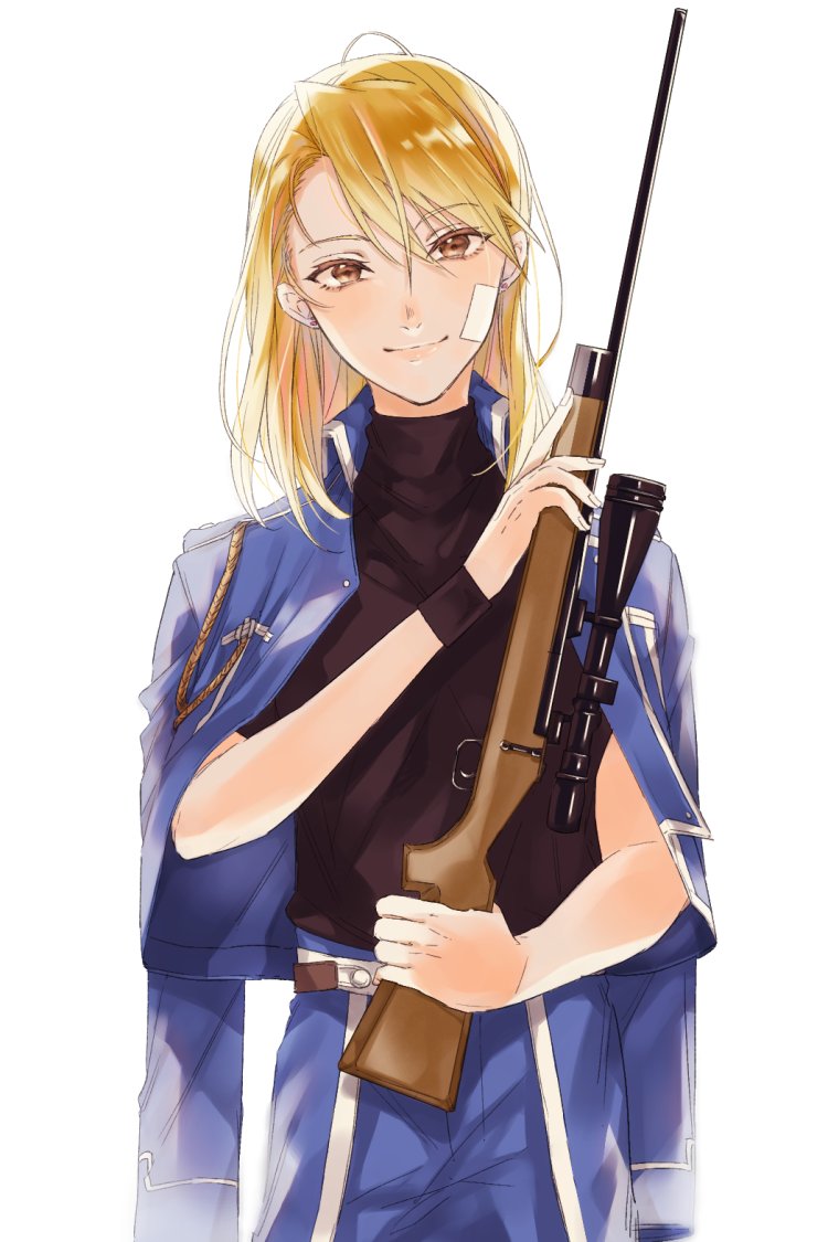 1girl amestris_military_uniform backlighting bandaid bandaid_on_face black_shirt blonde_hair blue_jacket blue_pants brown_eyes closed_mouth colored_eyelashes earrings eyebrows_visible_through_hair fullmetal_alchemist gun hair_over_one_eye happy head_tilt holding holding_gun holding_weapon jacket jacket_on_shoulders jewelry lips looking_at_viewer maico_(pmicimp) medium_hair military military_uniform open_clothes open_jacket pants rifle riza_hawkeye shaded_face shiny shiny_hair shirt simple_background smile solo standing uniform upper_body weapon white_background wristband