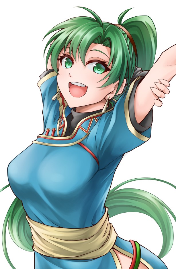 1girl ahoge arched_back arm_behind_head arms_up bangs black_undershirt blue_dress breasts commentary dress earrings eyelashes fire_emblem fire_emblem:_the_blazing_blade gold_trim green_eyes green_hair holding_own_arm jewelry long_hair looking_at_viewer lyn_(fire_emblem) medium_breasts open_mouth ponytail sash side_slit sidelocks simple_background tenchan_man undershirt upper_body very_long_hair white_background