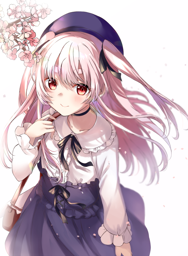 1girl bag bangs beret black_choker black_ribbon blue_headwear blue_skirt choker closed_mouth collarbone collared_shirt commentary_request dress_shirt eyebrows_visible_through_hair flower frilled_shirt_collar frills hand_up hat long_hair long_sleeves looking_at_viewer mashiro_aa neck_ribbon pink_flower pink_hair red_eyes ribbon shirt short_eyebrows shoulder_bag skirt smile solo thick_eyebrows tomari_mari tomari_mari_channel tree_branch two_side_up very_long_hair virtual_youtuber white_shirt