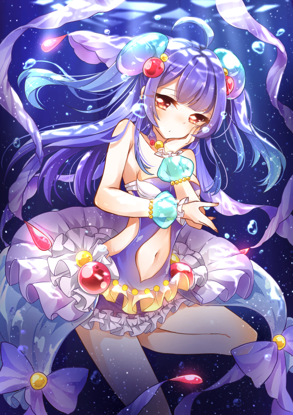 1girl ahoge air_bubble bare_shoulders blue_background blue_dress blue_hair blue_swimsuit bow breasts bubble detached_collar dress eyebrows_visible_through_hair firuo_(king_fish) frilled_dress frilled_swimsuit frills hair_ornament hand_on_own_cheek long_hair navel navel_cutout noa_(shironeko_project) purple_bow red_eyes shironeko_project solo swimsuit underwater