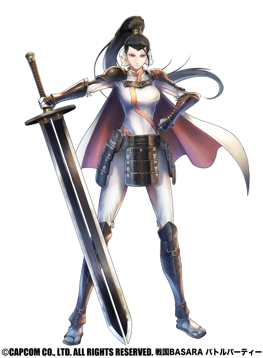 1girl armor black_hair bracer breasts cape copyright_name full_body gauntlets hand_on_hip highres holding holding_sword holding_weapon ishibashi_yosuke long_hair looking_at_viewer medium_breasts official_art ponytail sandals sengoku_basara shoulder_armor simple_background solo sword watermark weapon white_background white_legwear