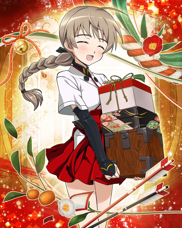 1girl artist_request blush braid closed_eyes gift holding holding_gift japanese_clothes lynette_bishop miko official_art open_mouth short_sleeves solo strike_witches world_witches_series