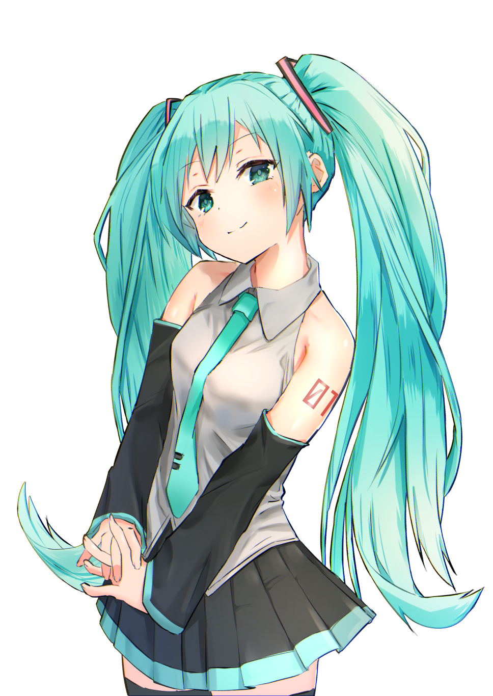 aqua_eyes aqua_hair aqua_neckwear bare_shoulders black_legwear black_skirt black_sleeves cowboy_shot detached_sleeves grey_shirt hair_ornament half-closed_eyes hands_together hatsune_miku highres leaning_to_the_side long_hair looking_at_viewer miniskirt necktie oinaly_con pleated_skirt shirt shoulder_tattoo skirt sleeveless sleeveless_shirt smile standing tattoo thigh-highs twintails very_long_hair vocaloid white_background zettai_ryouiki