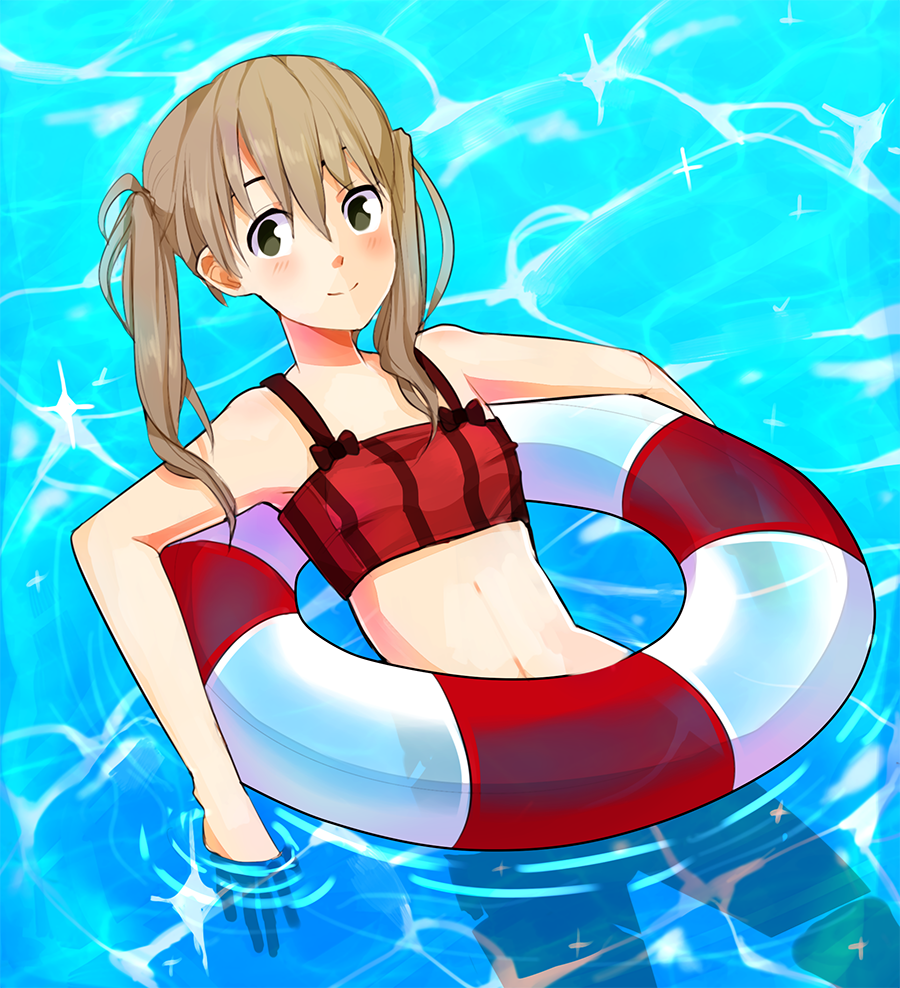 1girl artist_request bikini bikini_top blonde_hair blush closed_mouth floating green_eyes innertube long_hair looking_at_viewer maka_albarn navel relaxing smile solo soul_eater swimming swimsuit tagme twintails water