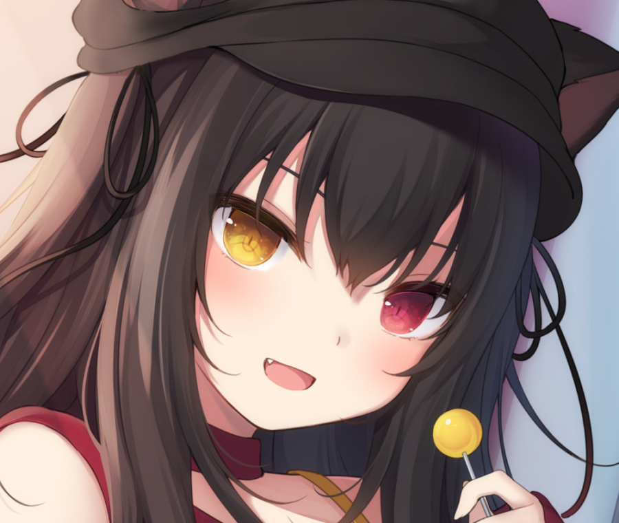 1girl :d amashiro_natsuki animal_ears bangs bare_shoulders black_hair black_headwear black_ribbon brown_eyes cabbie_hat candy cat_ears choker commentary_request ears_through_headwear eyebrows_visible_through_hair fang food hair_between_eyes hand_up hat heterochromia holding holding_food holding_lollipop lollipop long_hair looking_at_viewer open_mouth original portrait red_choker red_eyes ribbon smile solo yellow_eyes