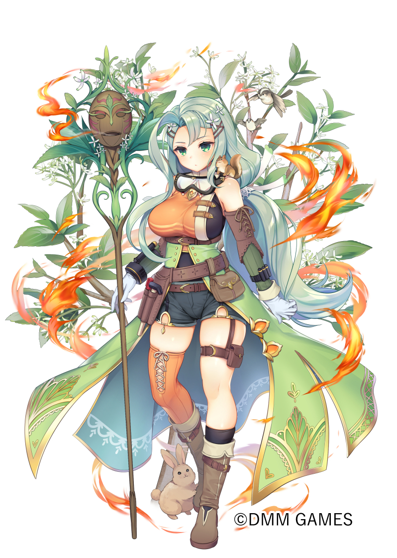 1girl arm_warmers belt bird black_shorts boots breasts brown_footwear closed_mouth company_name enoki_(flower_knight_girl) expressionless flower flower_knight_girl full_body gloves goggles goggles_around_neck green_eyes green_hair hair_flower hair_ornament hairclip holding holding_staff knee_boots large_breasts leaf long_hair looking_at_viewer mg_kurino object_namesake official_art orange_legwear ponytail rabbit shorts simple_background single_thighhigh solo staff standing thigh-highs white_background white_gloves