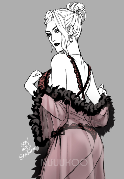 1girl ass bra earrings final_fantasy final_fantasy_vii final_fantasy_vii_remake jewelry lace lace-trimmed_bra lace-trimmed_panties lingerie lipstick looking_at_viewer looking_back makeup monochrome nightgown nijuuni off_shoulder panties scarlet_(ff7) solo spot_color underwear