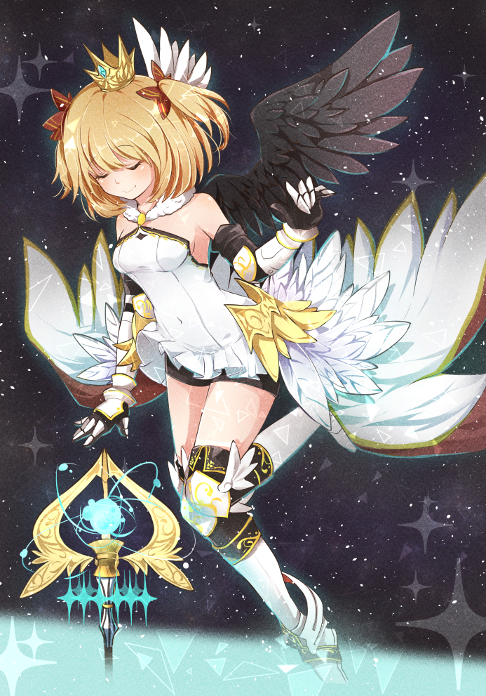 1girl bare_shoulders black_background black_shorts black_wings blonde_hair closed_eyes closed_mouth clothing_request crown elbow_gauntlets eyebrows_visible_through_hair firuo_(king_fish) hair_ornament maaru_(shironeko_project) medium_hair mini_crown mismatched_wings shironeko_project shorts smile solo sparkle thigh-highs two_side_up white_footwear white_legwear white_wings wings