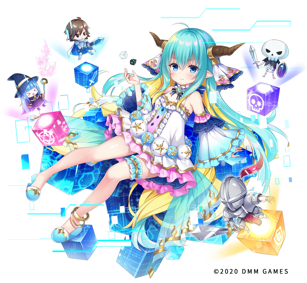 1girl anklet armor blue_eyes blue_hair brooch brown_horns chibi cube detached_sleeves dice dress gemini_seed hat horns jewelry long_hair looking_at_viewer mitsuba_choco official_art pentagram skeleton thigh_strap watermark white_background white_dress wizard_hat
