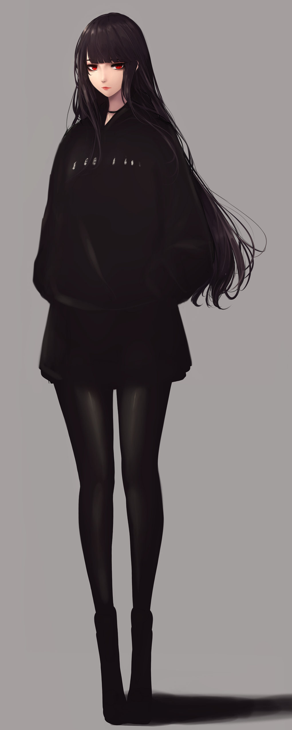 1girl absurdres bad_proportions black_choker black_hair black_legwear black_skirt choker full_body grey_background hands_in_pockets highres long_hair long_legs nanomate3 original pantyhose red_eyes shadow simple_background skirt standing very_long_hair