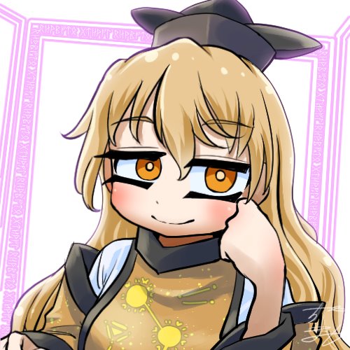 1girl avatar_icon black_headwear blonde_hair chamaji chin_rest commentary_request constellation constellation_print dress eyebrows_visible_through_hair green_dress hair_between_eyes hat long_hair long_sleeves looking_at_viewer lowres matara_okina partial_commentary smile solo tabard touhou upper_body yellow_eyes