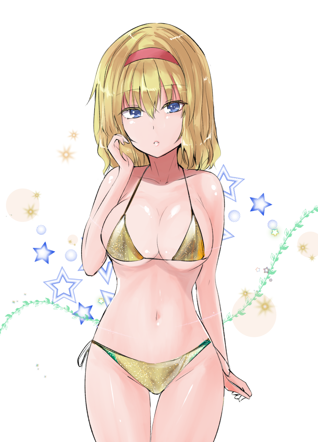 1girl alice_margatroid bangs bare_arms bare_shoulders bikini blonde_hair blue_eyes breasts commentary_request cowboy_shot eyebrows_visible_through_hair hair_between_eyes hairband hand_up highres large_breasts looking_at_viewer navel parted_lips red_hairband short_hair side-tie_bikini simple_background solo standing star stomach swimsuit thigh_gap thighs touhou white_background y2 yellow_bikini