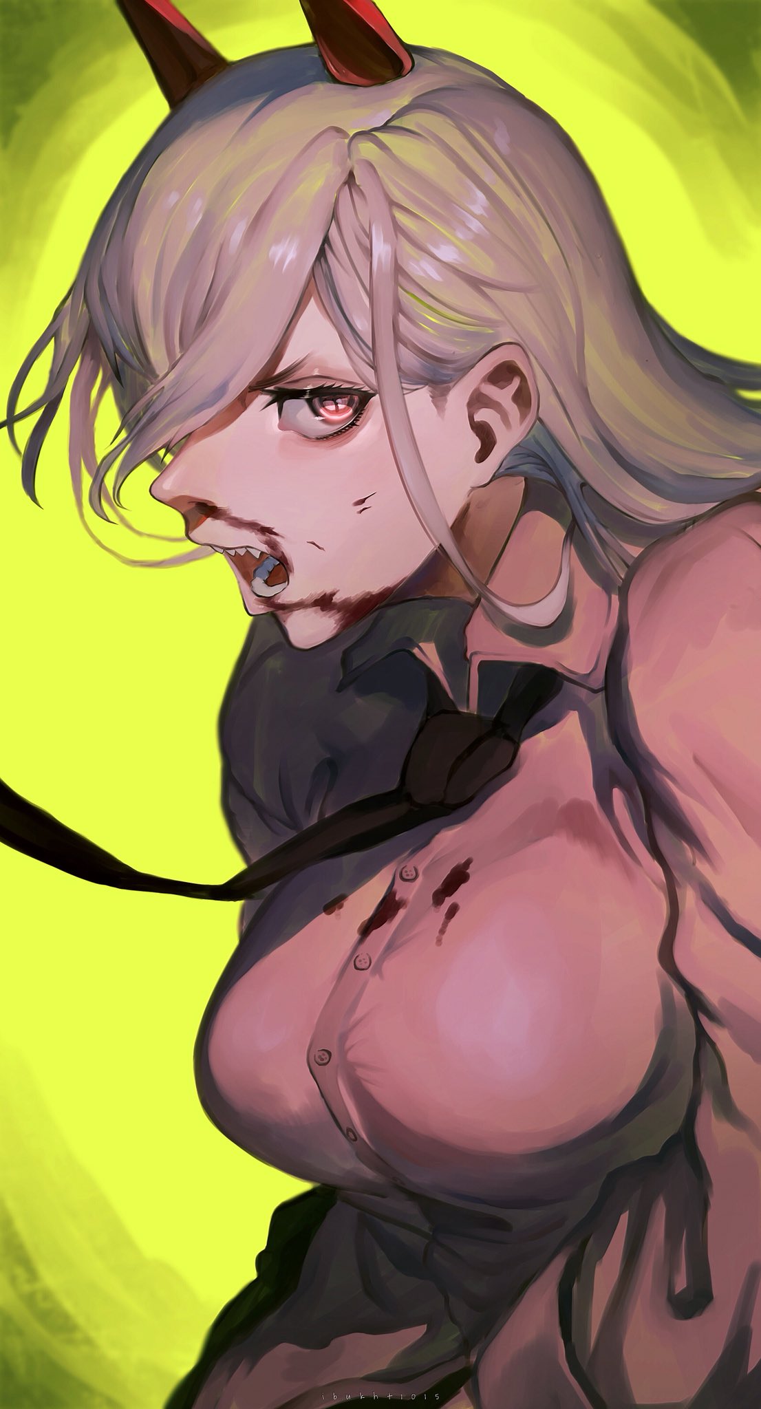 1girl black_neckwear blonde_hair blood blood_on_face bloody_clothes breasts chainsaw_man demon demon_horns densen_(itoguchi) fangs highres horns huge_breasts large_breasts long_hair looking_to_the_side necktie open_mouth pink_shirt power_(chainsaw_man) red_horns sharp_teeth shirt simple_background solo teeth upper_body yellow_background yellow_eyes