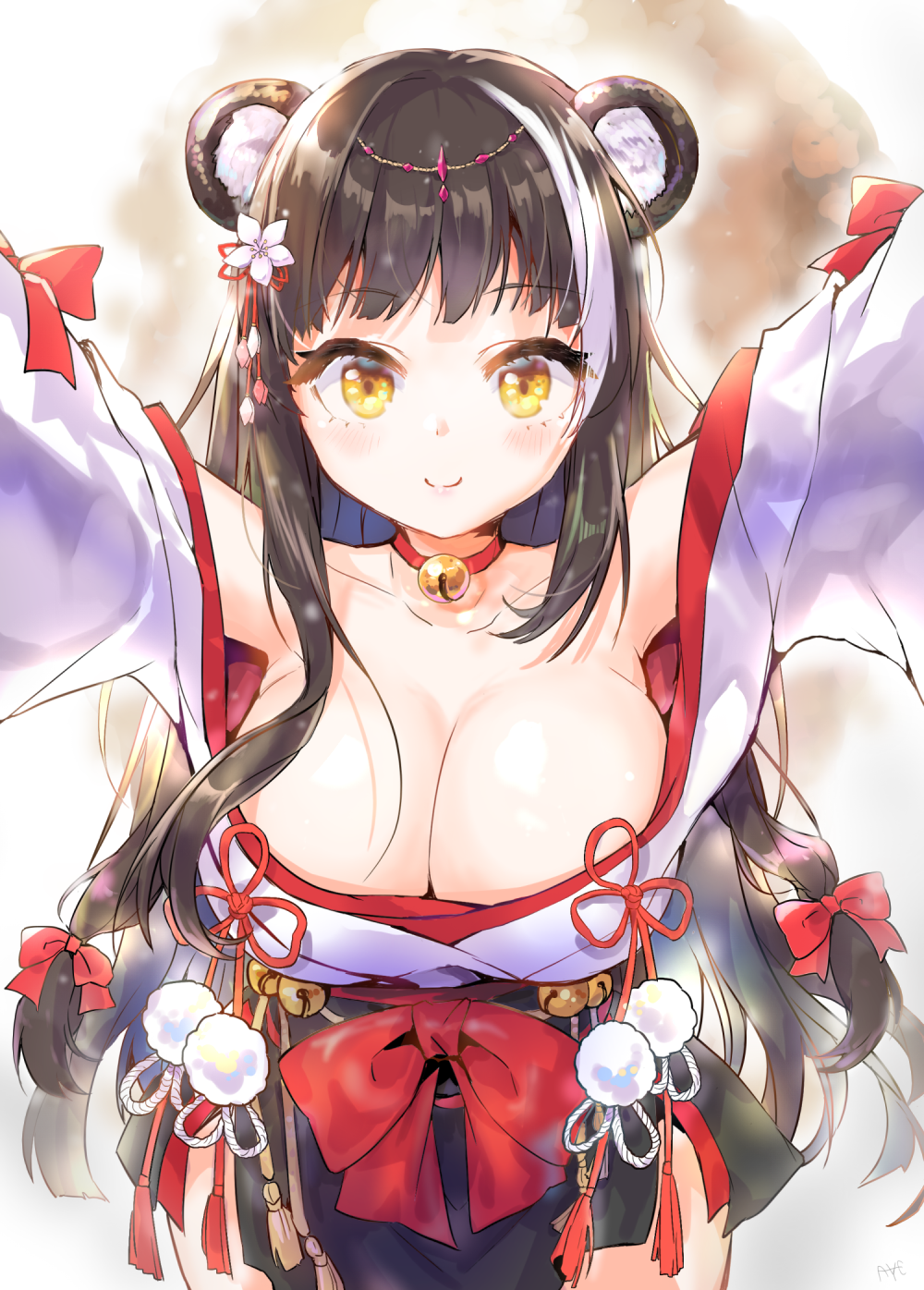 1girl animal_ear_fluff animal_ears aye azur_lane bare_shoulders black_hair blush breasts hair_ornament highres japanese_clothes kimono long_hair looking_at_viewer looking_back multicolored_hair naganami_(azur_lane) off_shoulder skunk_ears smile solo white_hair