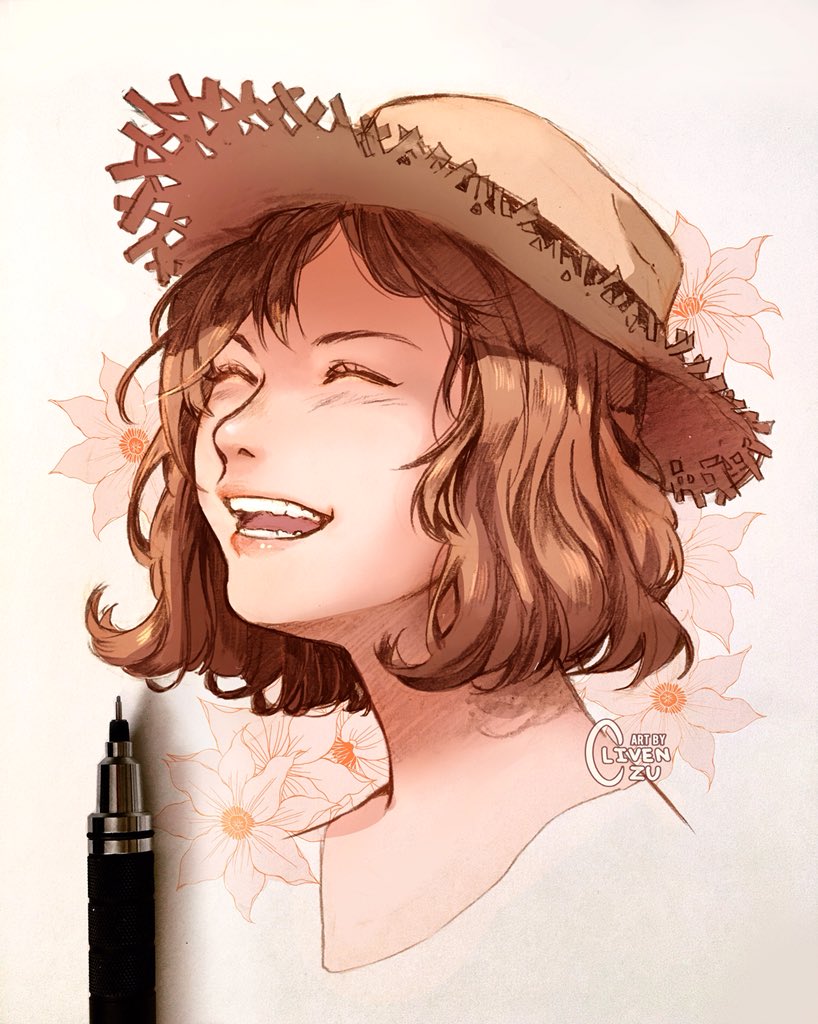 1girl :d artist_name brown_hair brown_headwear clivenzu closed_eyes commentary english_commentary flower graphite_(medium) happy hat laughing mechanical_pencil mixed_media open_mouth original pencil photo pink_flower pink_lips portrait smile solo sun_hat traditional_media twitter_username