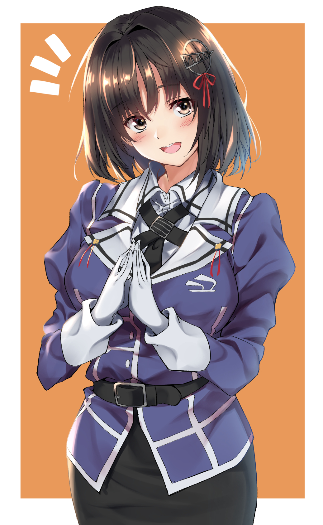 /\/\/\ 1girl black_hair black_neckwear black_skirt border brown_eyes commentary_request cowboy_shot fingers_together haguro_(kantai_collection) hair_ornament highres kagari_leroy kantai_collection military military_uniform open_mouth orange_background pencil_skirt remodel_(kantai_collection) round_teeth short_hair skirt smile solo teeth two-tone_background uniform upper_teeth white_border