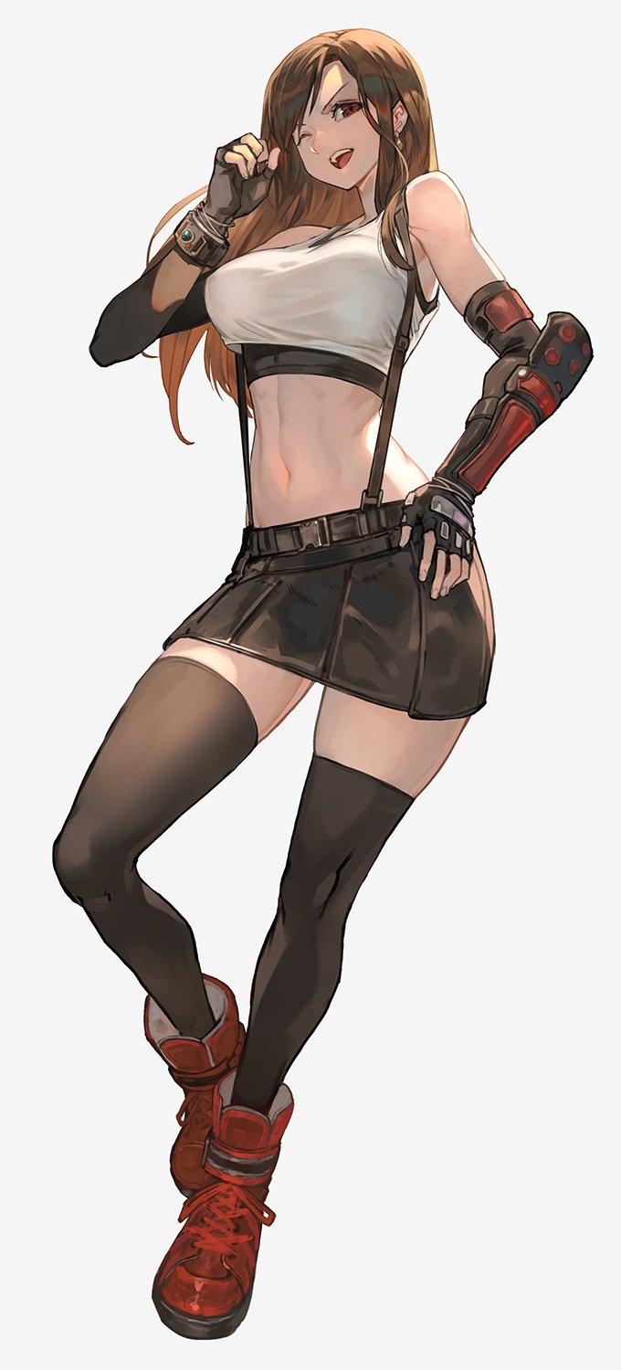 1girl arm_guards bangs bare_shoulders breasts brown_eyes brown_hair commentary earrings elbow_gloves final_fantasy final_fantasy_vii final_fantasy_vii_remake fingerless_gloves gloves highres jewelry lack long_hair medium_breasts midriff navel one_eye_closed open_mouth smile solo stomach suspenders tank_top tifa_lockhart white_tank_top