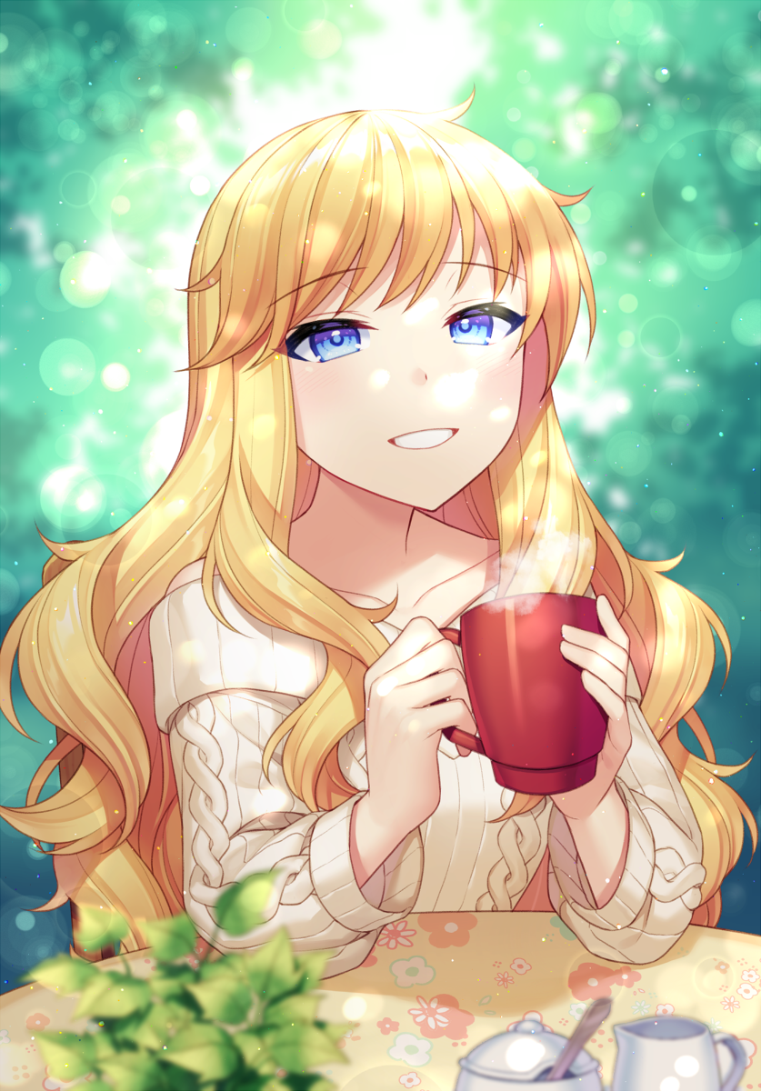 1girl bangs bare_shoulders beige_sweater blonde_hair blue_eyes blurry_foreground blush breasts coffee_mug collarbone commentary_request cup eyebrows_visible_through_hair highres holding holding_cup idolmaster idolmaster_cinderella_girls idolmaster_cinderella_girls_starlight_stage jenevan large_breasts long_hair long_sleeves looking_at_viewer mug ootsuki_yui parted_lips plant smile solo table wavy_hair