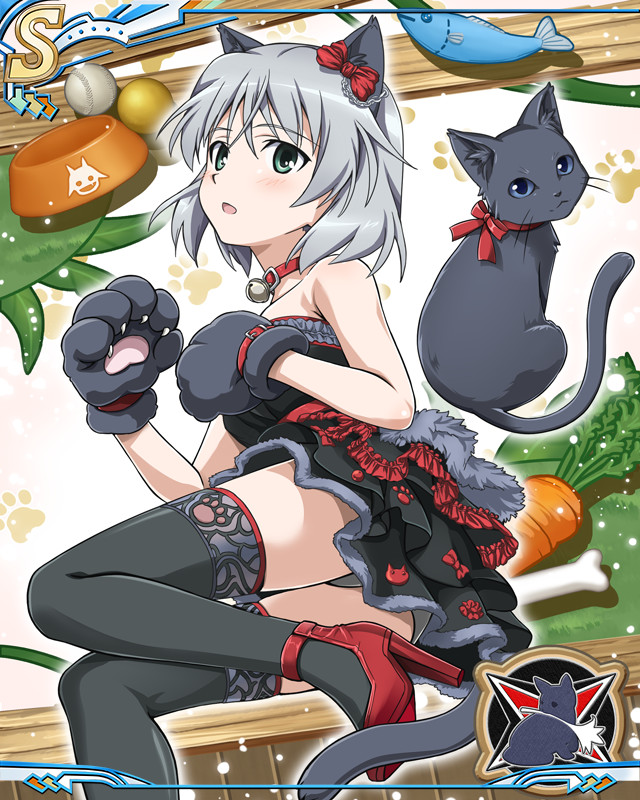 animal_ears artist_request bare_shoulders bell bell_collar black_dress black_legwear black_panties bow carrot cat cat_ears cat_tail collar dress eyebrows_visible_through_hair fish food_bowl gloves green_eyes grey_hair looking_at_viewer official_art open_mouth panties paw_gloves paw_print paws red_bow red_footwear sanya_v_litvyak shiny shiny_hair short_hair solo strike_witches tail thigh-highs underwear world_witches_series