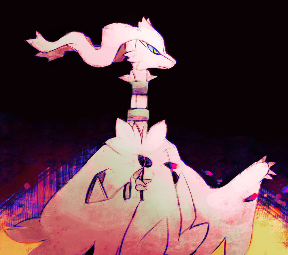 black_background commentary creature english_commentary gen_5_pokemon legendary_pokemon multiple_sources no_humans pokemon pokemon_(creature) reshiram salanchu simple_background solo upper_body