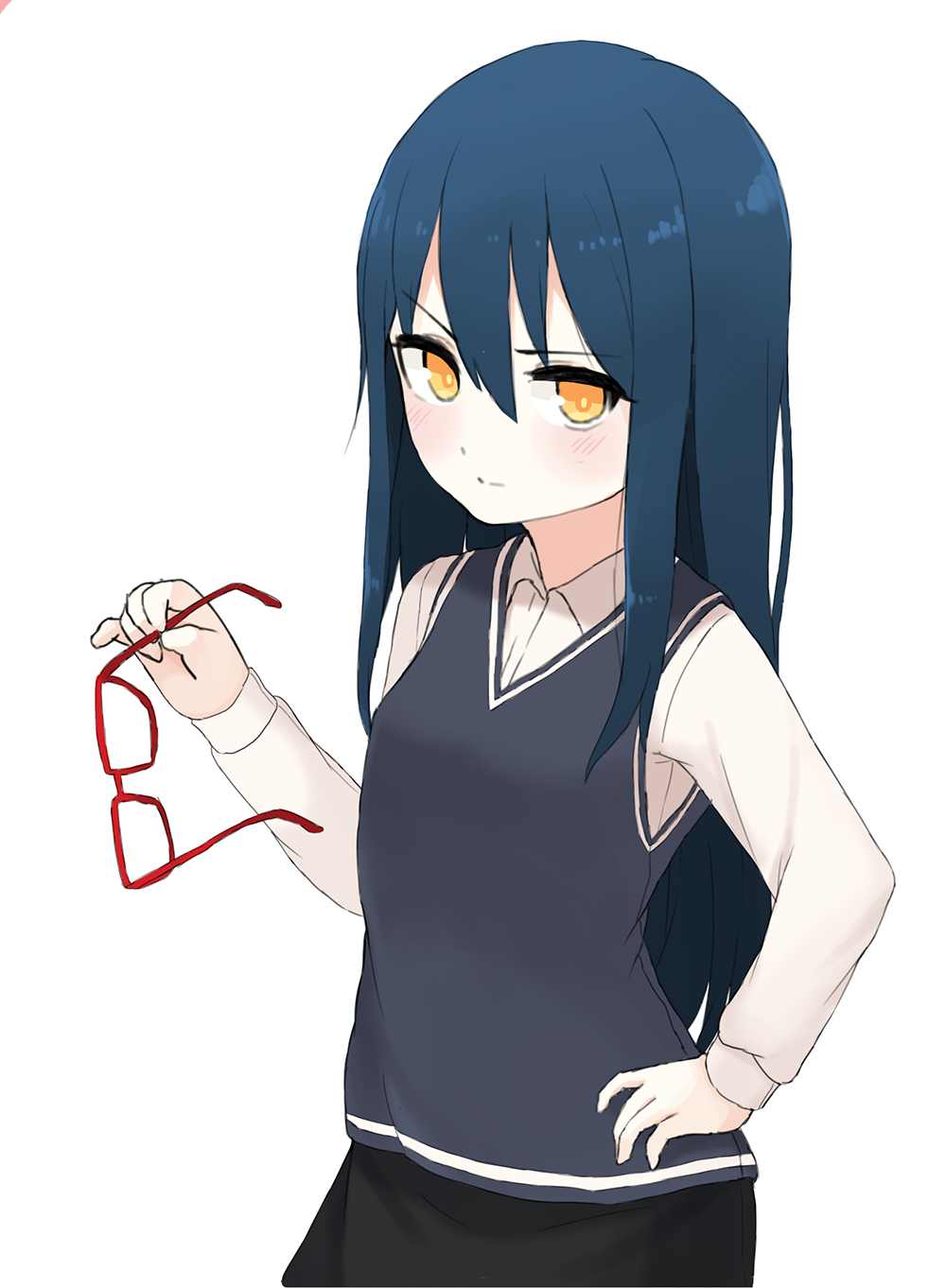 1girl black_skirt blue_hair bural_chingu collared_shirt eyewear_removed glasses gloves hand_on_hip highres ju_hyeon-mi looking_at_another looking_at_viewer red-framed_eyewear shirt simple_background sizeaton skirt smile solo vest white_background white_gloves yellow_eyes