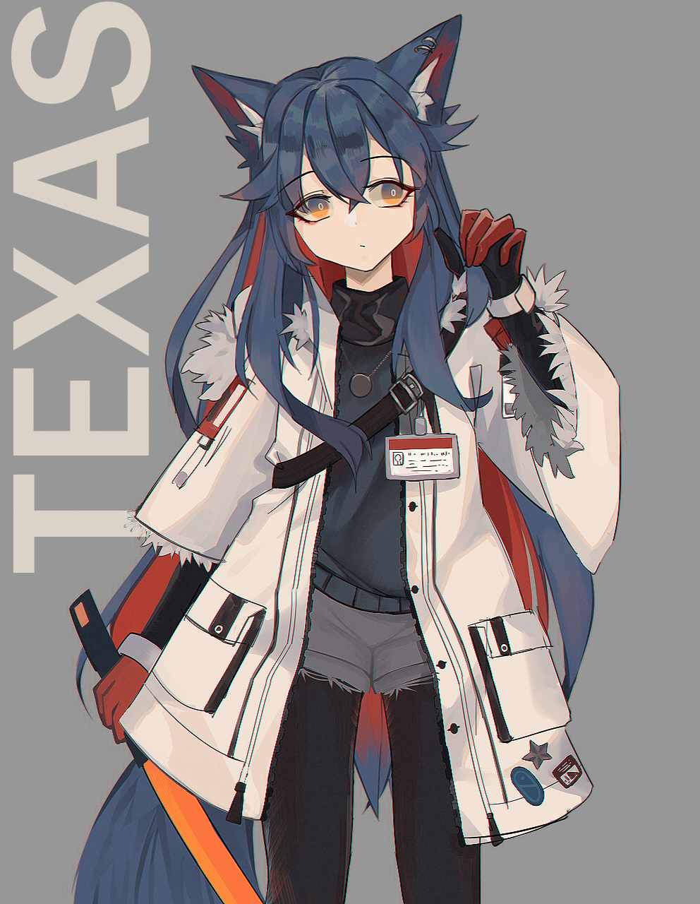 1girl :/ adjusting_hair animal_ear_fluff animal_ears arknights blue_hair character_name cowboy_shot english_commentary eyebrows_visible_through_hair fur-trimmed_jacket fur-trimmed_sleeves fur_trim gloves grey_background grey_shorts hair_between_eyes highres holding holding_sword holding_weapon id_card jacket long_hair long_sleeves looking_to_the_side multicolored_hair name_tag nyawurin orange_eyes pantyhose patch red_gloves redhead shorts sidelocks simple_background solo sword tail texas_(arknights) weapon wolf_ears wolf_tail