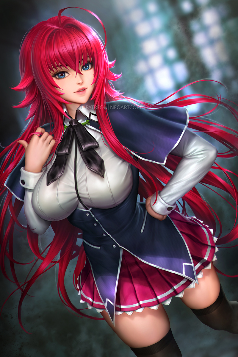 1girl ahoge artist_name bangs black_capelet black_legwear black_neckwear black_ribbon blurry blurry_background breasts capelet commentary depth_of_field english_commentary hair_between_eyes hand_on_hip hand_up high_school_dxd kuoh_academy_school_uniform large_breasts long_hair long_sleeves miniskirt neck_ribbon nudtawut_thongmai parted_lips pink_lips pleated_skirt purple_skirt redhead rias_gremory ribbon school_uniform shirt skirt smile solo thigh-highs underbust very_long_hair white_shirt zettai_ryouiki