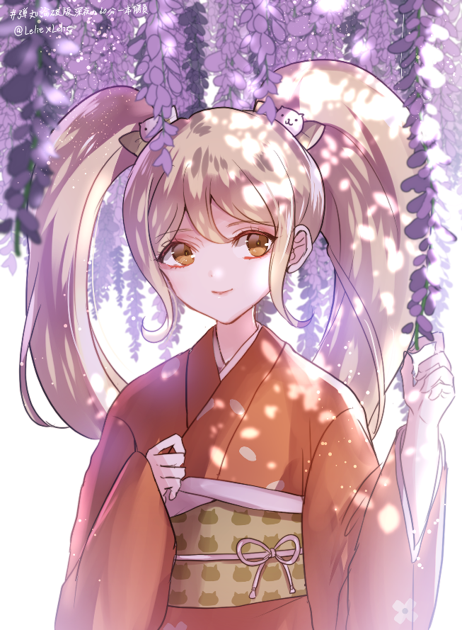 1girl artist_name blonde_hair bow brown_eyes cat_hair_ornament commentary_request dangan_ronpa eyebrows_visible_through_hair hair_between_eyes hair_ornament japanese_clothes kimono long_hair long_sleeves looking_at_viewer orange_kimono saionji_hiyoko smile solo super_dangan_ronpa_2 translation_request twintails wide_sleeves z-epto_(chat-noir86)