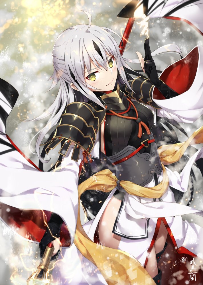 1girl ahoge armor armored_dress bangs black_armor black_gloves black_hair black_legwear black_shirt blush breasts commentary_request corset crop_top detached_sleeves eyebrows_visible_through_hair fate/grand_order fate_(series) gabiran gloves hair_between_eyes japanese_armor long_hair looking_at_viewer medium_breasts multicolored_hair nagao_kagetora_(fate) overskirt partly_fingerless_gloves polearm red_skirt red_sleeves sash shirt signature skirt smile solo spear streaked_hair thigh-highs two-tone_hair very_long_hair weapon white_hair white_skirt white_sleeves wide_sleeves yellow_eyes yellow_sash