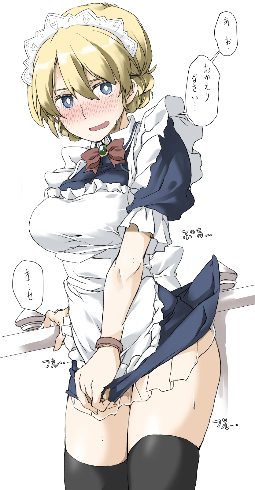 1girl alternate_costume black_legwear blonde_hair blue_eyes blush breasts commentary_request darjeeling_(girls_und_panzer) elf_(stroll_in_the_woods) enmaided girls_und_panzer graphite_(medium) hair_between_eyes highres large_breasts looking_at_viewer maid maid_headdress medium_breasts open_mouth puffy_short_sleeves puffy_sleeves short_hair short_sleeves simple_background skirt solo speech_bubble sweat thigh-highs traditional_media translation_request white_background