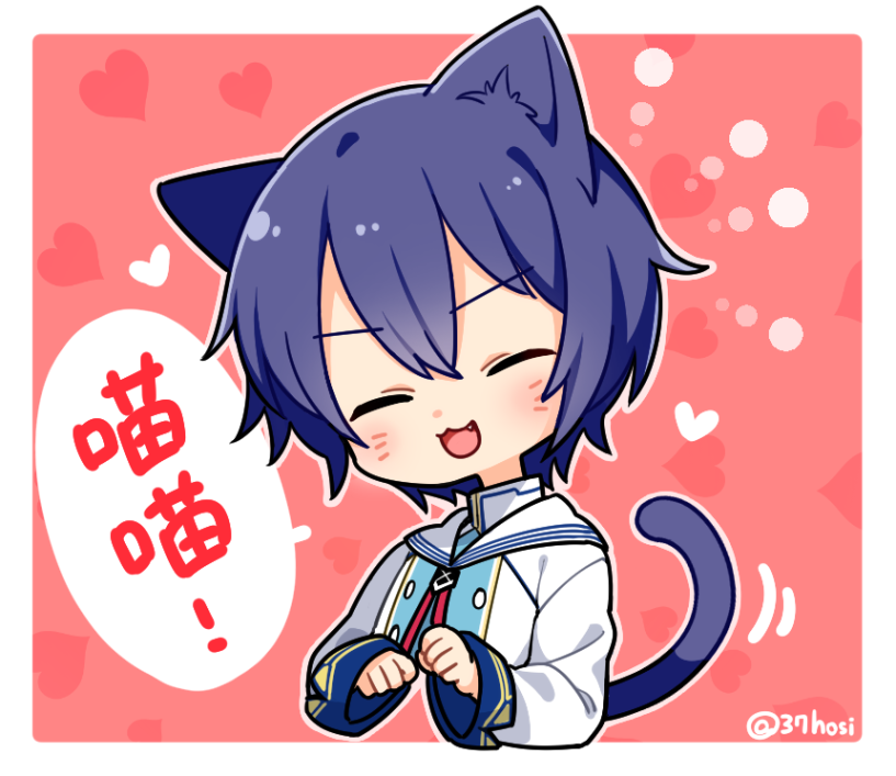 /\/\/\ 1boy blue_hair cat_boy cat_tail closed_eyes collar commentary facing_viewer fang heart male_focus minahoshi_taichi paw_pose red_background sailor_collar school_uniform shirt smile speech_bubble tail twitter_username upper_body vocaloid white_collar white_shirt zhiyu_moke