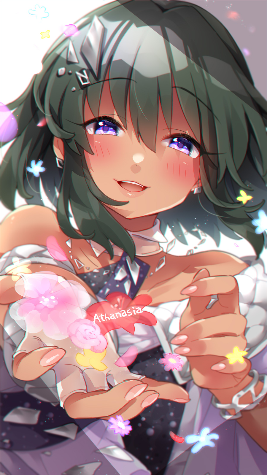 1girl bare_shoulders black_hair bracelet commentary_request dark_skin detached_collar earrings flower hair_ornament hairclip highres idolmaster idolmaster_cinderella_girls jewelry looking_at_viewer mio_(mgr300) natalia_(idolmaster) necklace outstretched_arm reaching_out short_hair solo upper_body violet_eyes
