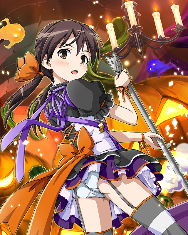 1girl artist_request bangs blush bow brown_hair candle chandelier from_behind garter_straps gertrud_barkhorn holding jack-o'-lantern juliet_sleeves legs_apart light long_sleeves official_art open_mouth orange_bow orange_ribbon panties puffy_sleeves ribbon short_hair short_sleeves solo strike_witches striped striped_legwear thigh-highs underwear white_panties world_witches_series wrist_ribbon