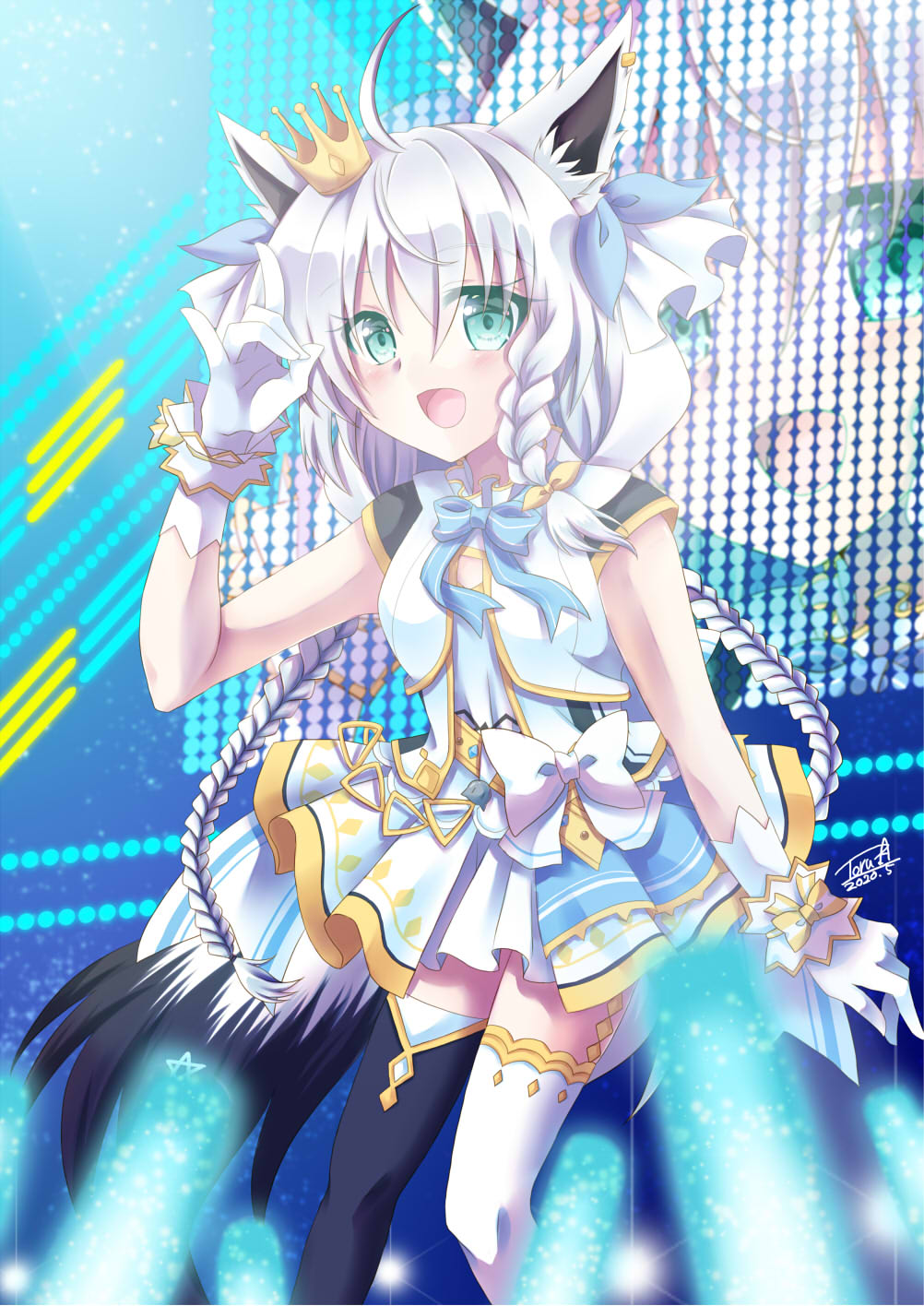 1girl ahoge animal_ear_fluff animal_ears arm_up asahi_tooru bangs black_legwear bow braid braided_ponytail commentary_request crown dated dress eyebrows_visible_through_hair fox_ears fox_girl fox_tail gloves green_eyes hair_between_eyes hair_bow highres hololive light_stick long_hair looking_at_viewer mini_crown open_mouth shirakami_fubuki shirt sidelocks signature single_braid sleeveless sleeveless_shirt solo tail thigh-highs vest virtual_youtuber white_dress white_gloves white_hair white_legwear white_vest