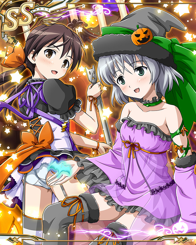 2girls artist_request bangs blush bow breasts brown_hair candle chandelier collarbone from_behind garter_straps gertrud_barkhorn grey_hair hat holding jack-o'-lantern juliet_sleeves legs_apart light long_sleeves multiple_girls official_art open_mouth orange_bow orange_ribbon panties puffy_sleeves ribbon sanya_v_litvyak short_hair short_sleeves strike_witches striped striped_legwear thigh-highs underwear white_panties world_witches_series wrist_ribbon