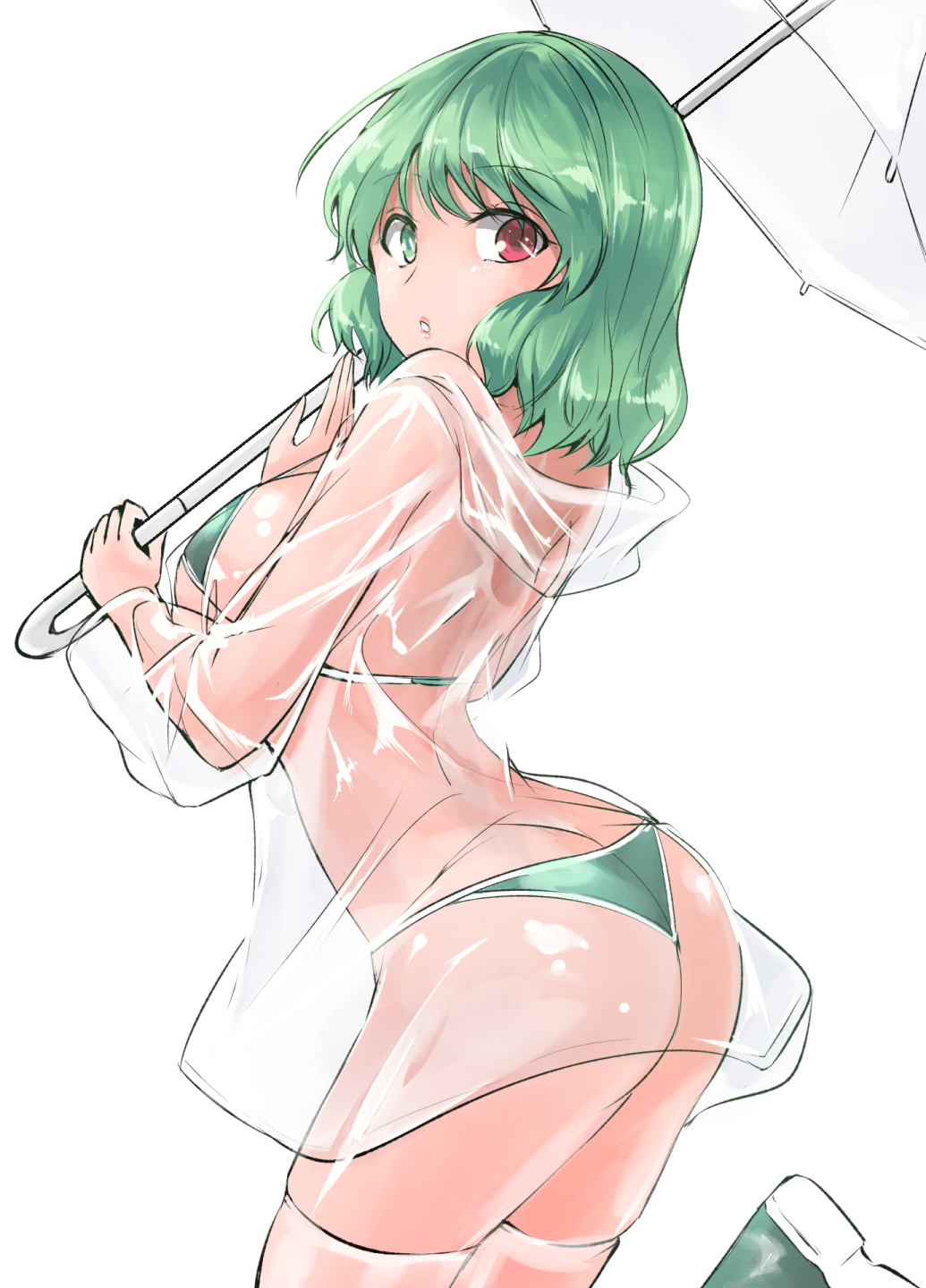 1girl :o alternate_hair_color ass bangs bikini breasts commentary_request cowboy_shot eyebrows_visible_through_hair from_behind green_bikini green_eyes green_hair heterochromia highres holding holding_umbrella hood hooded_jacket jacket large_breasts long_sleeves looking_at_viewer looking_back parted_lips red_eyes see-through sheer_legwear short_hair simple_background solo standing string_bikini swimsuit tatara_kogasa thigh-highs thighs touhou umbrella white_background y2