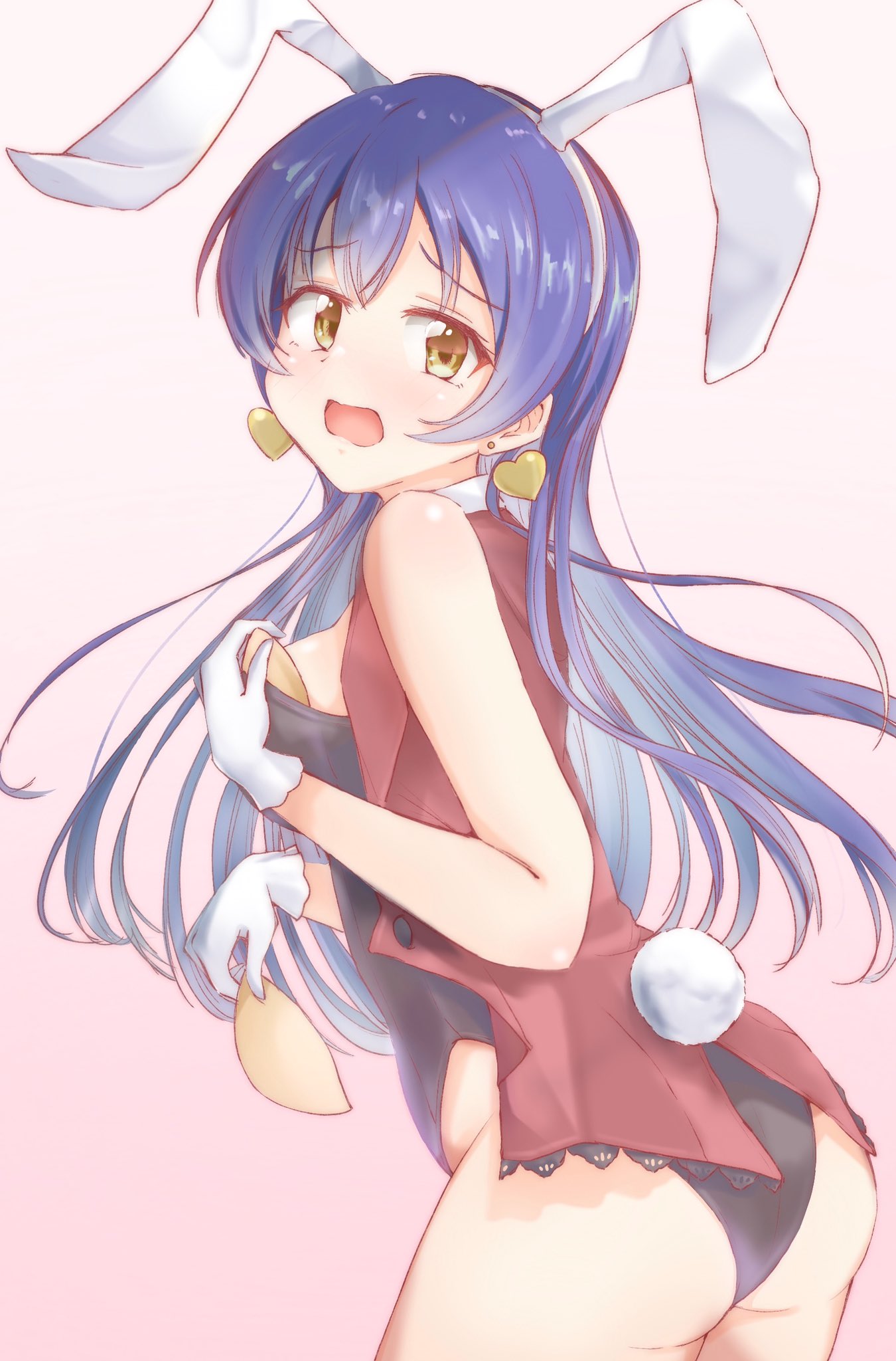 1girl animal_ears ass bangs blue_hair blush breast_padding bunny_tail bunnysuit commentary_request earrings embarrassed from_behind gloves hair_between_eyes heart heart_earrings highres jewelry korekara_no_someday long_hair looking_at_viewer looking_back love_live! love_live!_school_idol_project omoi_seiji pads rabbit_ears raised_eyebrows simple_background solo sonoda_umi tail wavy_mouth white_gloves yellow_eyes