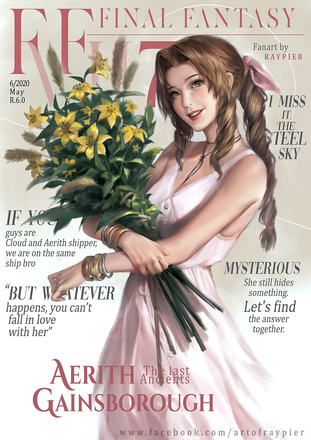 1girl aerith_gainsborough bouquet bow bracelet braid braided_ponytail cover dress drill_hair english_text final_fantasy final_fantasy_vii final_fantasy_vii_remake flower green_eyes grey_background hair_bow highres jewelry looking_at_viewer magazine_cover pink_dress raypier smile solo