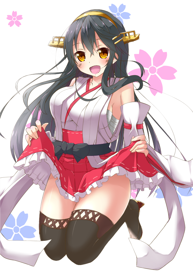 1girl :d bare_shoulders black_hair boots breasts brown_eyes detached_sleeves hair_ornament hairclip haruna_(kantai_collection) headgear kantai_collection large_breasts legs_up lifted_by_self long_hair looking_at_viewer nontraditional_miko open_mouth red_skirt remodel_(kantai_collection) sarashi sideboob skirt skirt_lift smile solo tetranono thigh-highs thigh_boots thighs