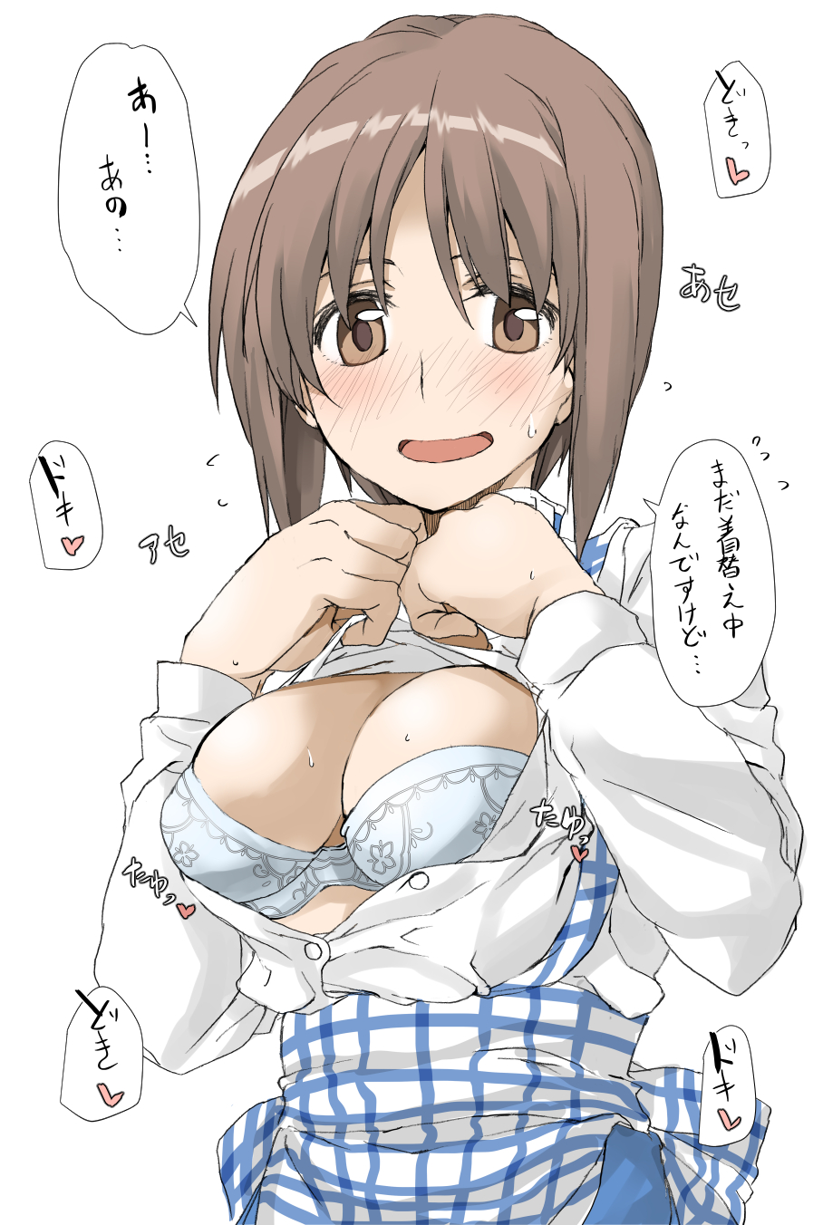 1girl alternate_costume blue_bra blush bra breasts breasts_outside brown_eyes brown_hair cowboy_shot elf_(stroll_in_the_woods) embarrassed girls_und_panzer highres looking_at_viewer medium_breasts nishizumi_miho open_clothes open_shirt self_exposure shirt_lift solo translation_request underwear white_background