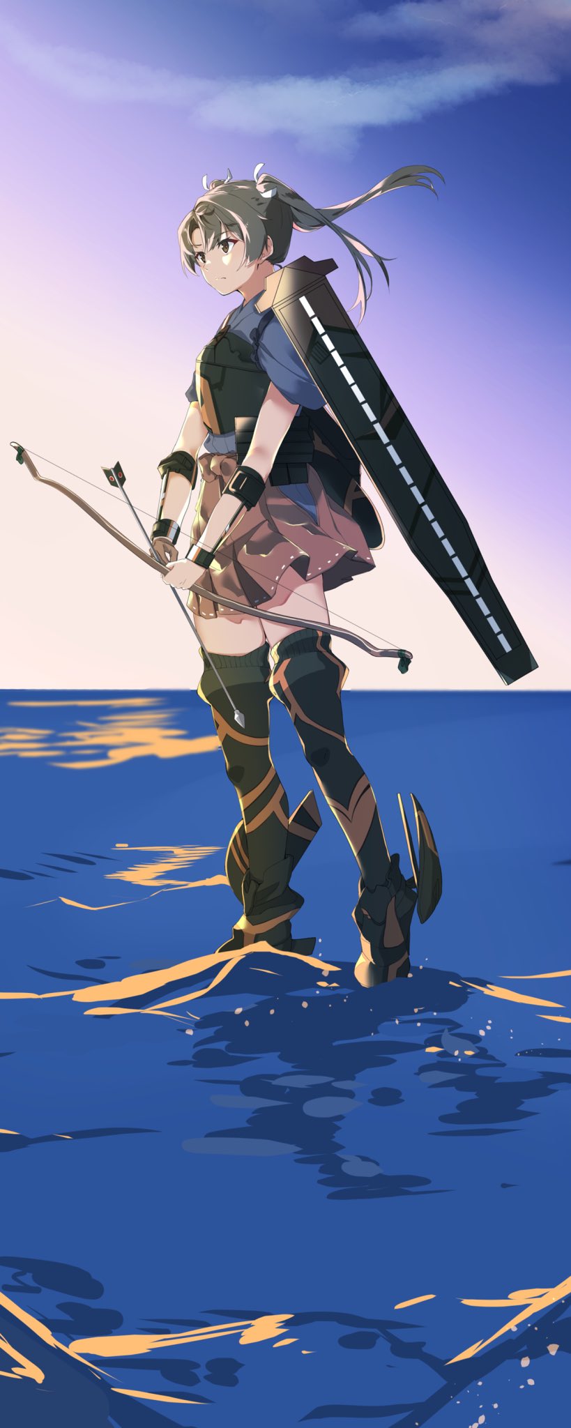 1girl arrow blue_sky boots bow_(weapon) clouds commentary_request flight_deck full_body gradient gradient_background green_eyes grey_hair hakama_skirt highres horizon kantai_collection long_hair muneate ocean sky solo sui_(sui27shika) sunrise thigh-highs thigh_boots twintails walking walking_on_liquid weapon zuikaku_(kantai_collection)