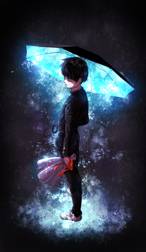 1boy aya_shiro423 black_hair black_pants black_umbrella bouquet flower full_body gakuran holding holding_bouquet kageyama_shigeo long_sleeves male_focus mob_psycho_100 pants school_uniform shoes sneakers solo standing umbrella