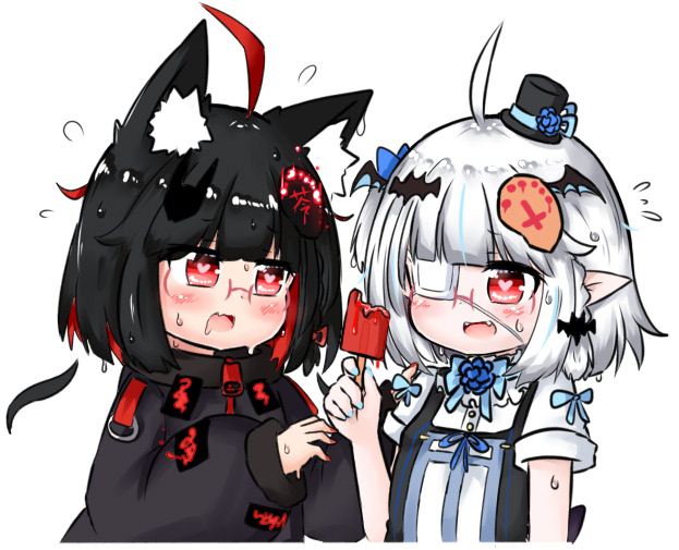 2girls ahoge animal_ear_fluff animal_ears bailingxiao_jiu bat_hair_ornament black_dress black_hair black_headwear black_jacket blue_bow blue_flower blue_rose blush bow braid dress dress_shirt eyepatch flower flying_sweatdrops fox_ears fox_hair_ornament hair_bow hair_ornament hat hat_flower heart heart-shaped_pupils jacket long_sleeves medical_eyepatch mini_hat mini_top_hat multicolored_hair multiple_girls one_side_up original pointy_ears puffy_long_sleeves puffy_sleeves red_eyes redhead rose shirt short_hair short_sleeves silver_hair simple_background sleeveless sleeveless_dress sleeves_past_wrists streaked_hair sweat symbol-shaped_pupils top_hat upper_body white_background white_shirt