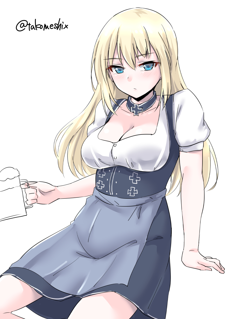 1girl alcohol alternate_costume apron barmaid beer beer_mug bismarck_(kantai_collection) blonde_hair blouse blue_apron blue_eyes cowboy_shot cup dirndl dress german_clothes highres iron_cross kantai_collection long_hair looking_at_viewer mug pinafore_dress puffy_short_sleeves puffy_sleeves short_sleeves simple_background sitting solo takomeshi waist_apron waitress white_background