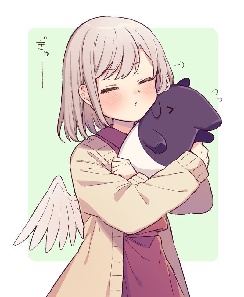 1girl :t blush closed_eyes doll_hug dress feathered_wings flying_sweatdrops green_background grey_hair jacket kishin_sagume red_dress retota short_hair single_wing solo stuffed_animal stuffed_toy tapir touhou upper_body wings