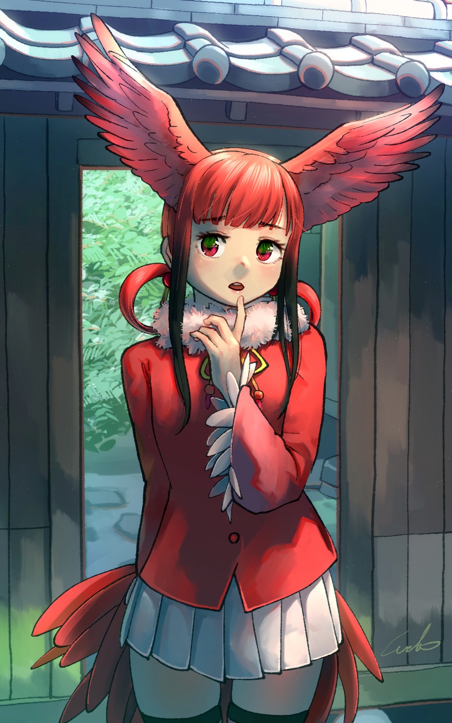 1girl architecture bangs bird_tail black_hair blunt_bangs commentary_request cowboy_shot east_asian_architecture eyebrows_visible_through_hair finger_to_mouth fur_collar gradient_hair head_wings highres jacket kemono_friends long_sleeves looking_at_viewer multicolored_hair open_door open_mouth pleated_skirt red_eyes red_jacket redhead scarlet_ibis_(kemono_friends) sidelocks signature skirt solo thigh-highs thigh_gap two_side_up welt_(kinsei_koutenkyoku) white_skirt wide_sleeves zettai_ryouiki