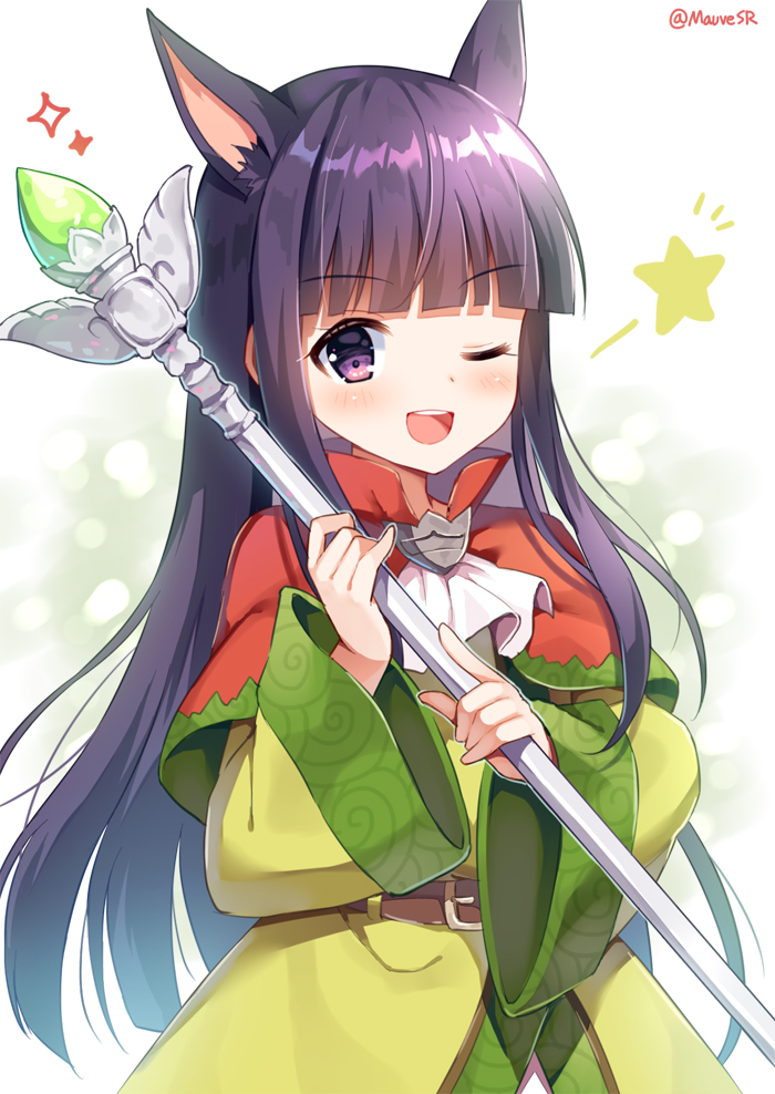 1girl ;d animal_ear_fluff animal_ears ascot bangs belt belt_buckle blunt_bangs blush brown_belt buckle capelet dress eyebrows_visible_through_hair green_dress holding holding_staff kirihara_kasumi long_hair long_sleeves looking_at_viewer mauve one_eye_closed open_mouth princess_connect! princess_connect!_re:dive purple_hair red_capelet round_teeth smile solo sparkle staff star teeth twitter_username upper_teeth very_long_hair violet_eyes white_background white_neckwear wide_sleeves