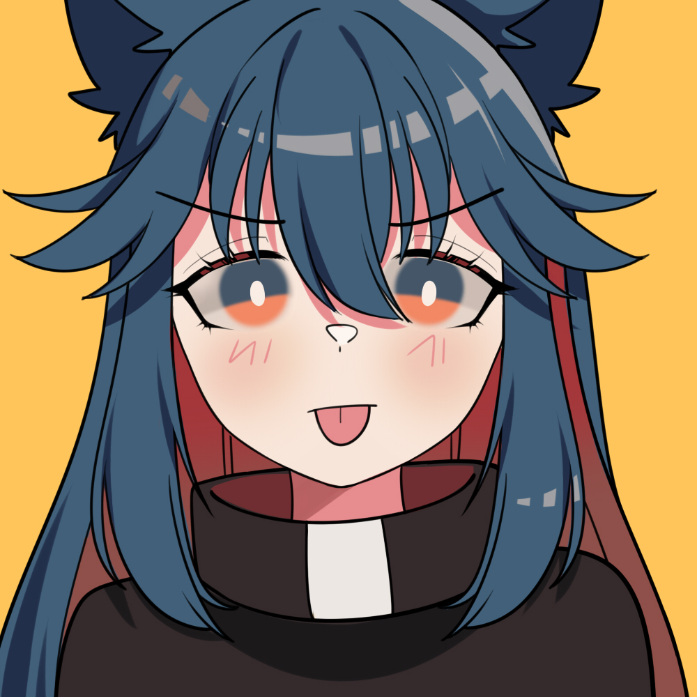 1girl :p animal_ears arknights bangs black_coat black_collar blue_eyes blue_hair blush coat collar collared_jacket english_commentary eyebrows_visible_through_hair hair_between_eyes long_hair looking_at_viewer multicolored multicolored_eyes multicolored_hair nyawurin orange_background orange_eyes portrait redhead sidelocks simple_background solo texas_(arknights) tongue tongue_out two-tone_hair v-shaped_eyebrows wolf_ears