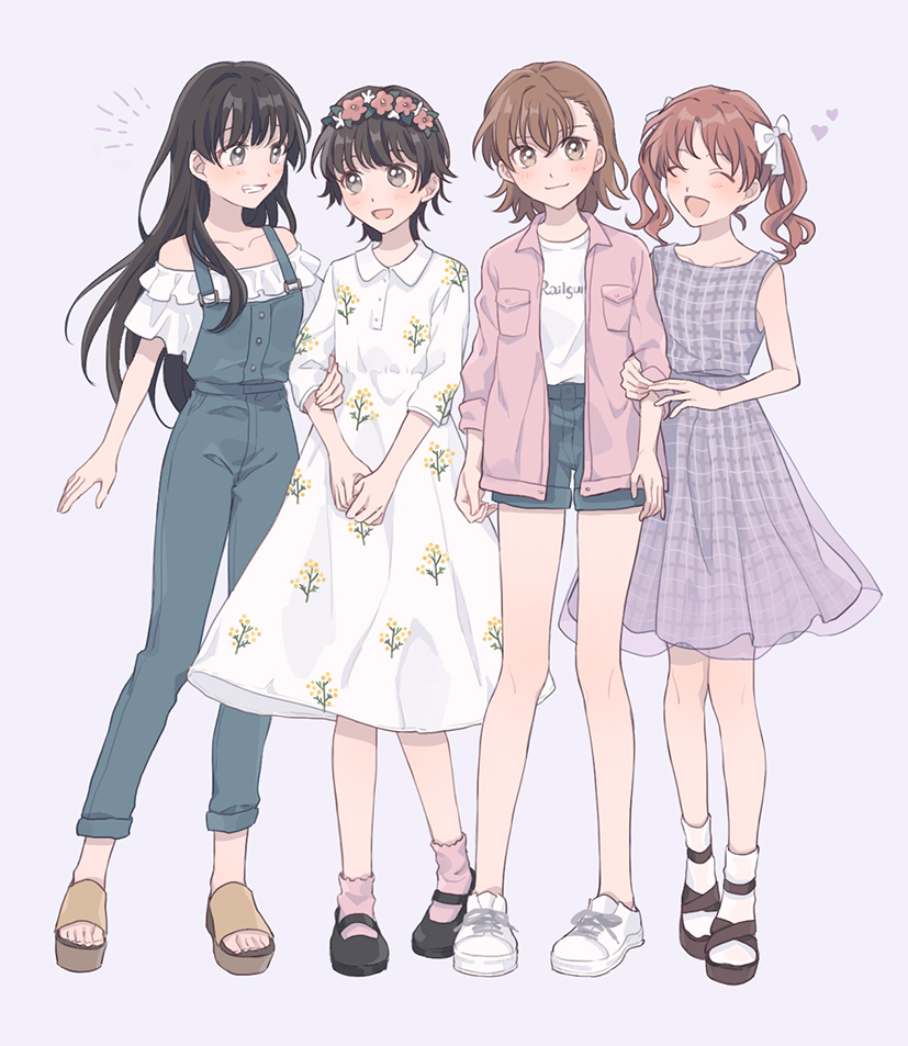 4girls :d ankle_socks arms_at_sides asymmetrical_bangs bangs black_hair blue_legwear blue_overalls blue_shorts blunt_bangs blush bob_cut bow brown_eyes brown_footwear brown_hair casual closed_eyes collarbone commentary dress flower frilled_shirt frills grey_dress grin hair_bow hair_flower hair_ornament hand_on_another's_arm hands_together head_wreath heart holding_arm long_hair looking_at_another misaka_mikoto multiple_girls no_socks off-shoulder_shirt off_shoulder open_clothes open_mouth open_shirt overalls overshirt pink_flower pink_legwear pink_shirt pocket purple_background ribbon sandals saten_ruiko shirai_kuroko shirt shoes short_hair short_twintails shorts side-by-side simple_background smile socks t-shirt to_aru_kagaku_no_railgun to_aru_majutsu_no_index twintails uiharu_kazari white_bow white_dress white_flower white_footwear white_legwear white_ribbon white_shirt zarutsu